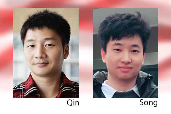 Headshots on a red and white background