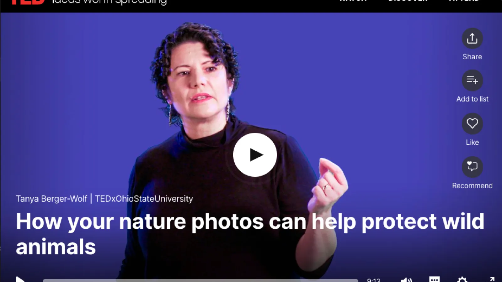 A screen capture of the ted.com webpage of Dr. Tanya Berger-Wolf's TEDx Talk