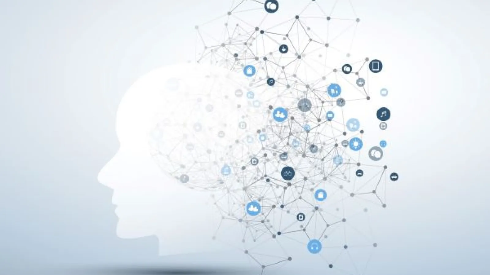 Abstract AI photo with silhouette of human head fading to a network diagram