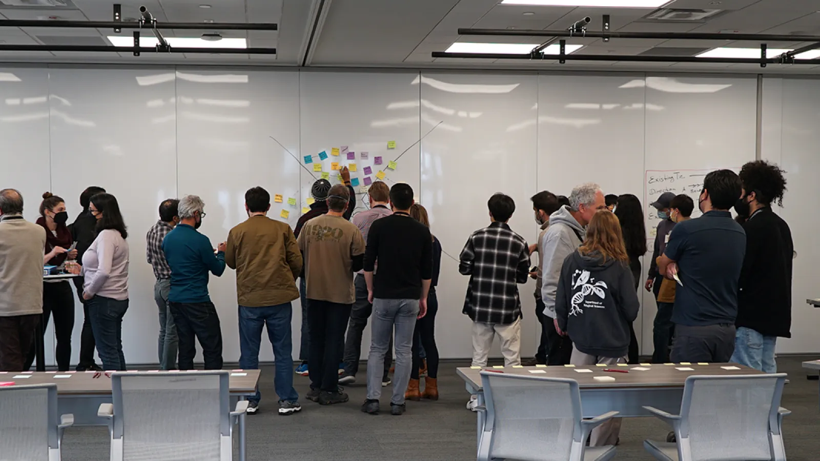 researchers standing in front of a whiteboard creating a diagram with markers and sticky notes