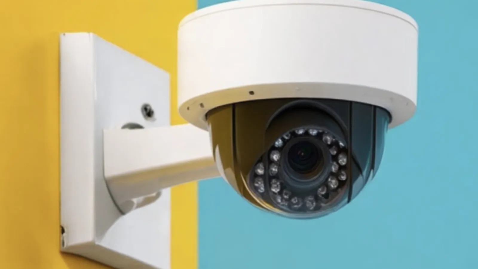 image of serveillance camera on a yellow and blue wall