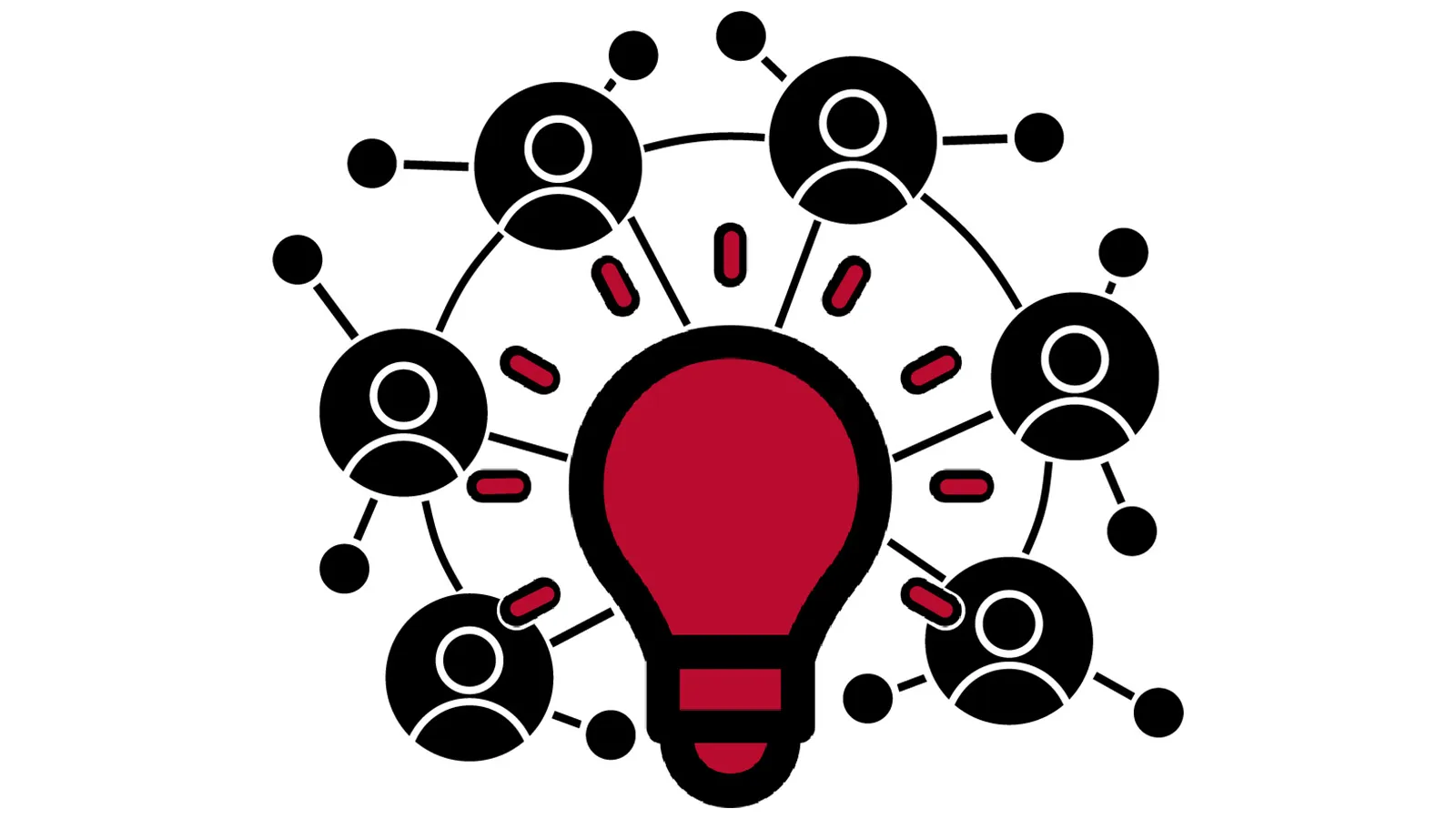 Network of people icons with a glowing lightbulb in the center representing team innovation