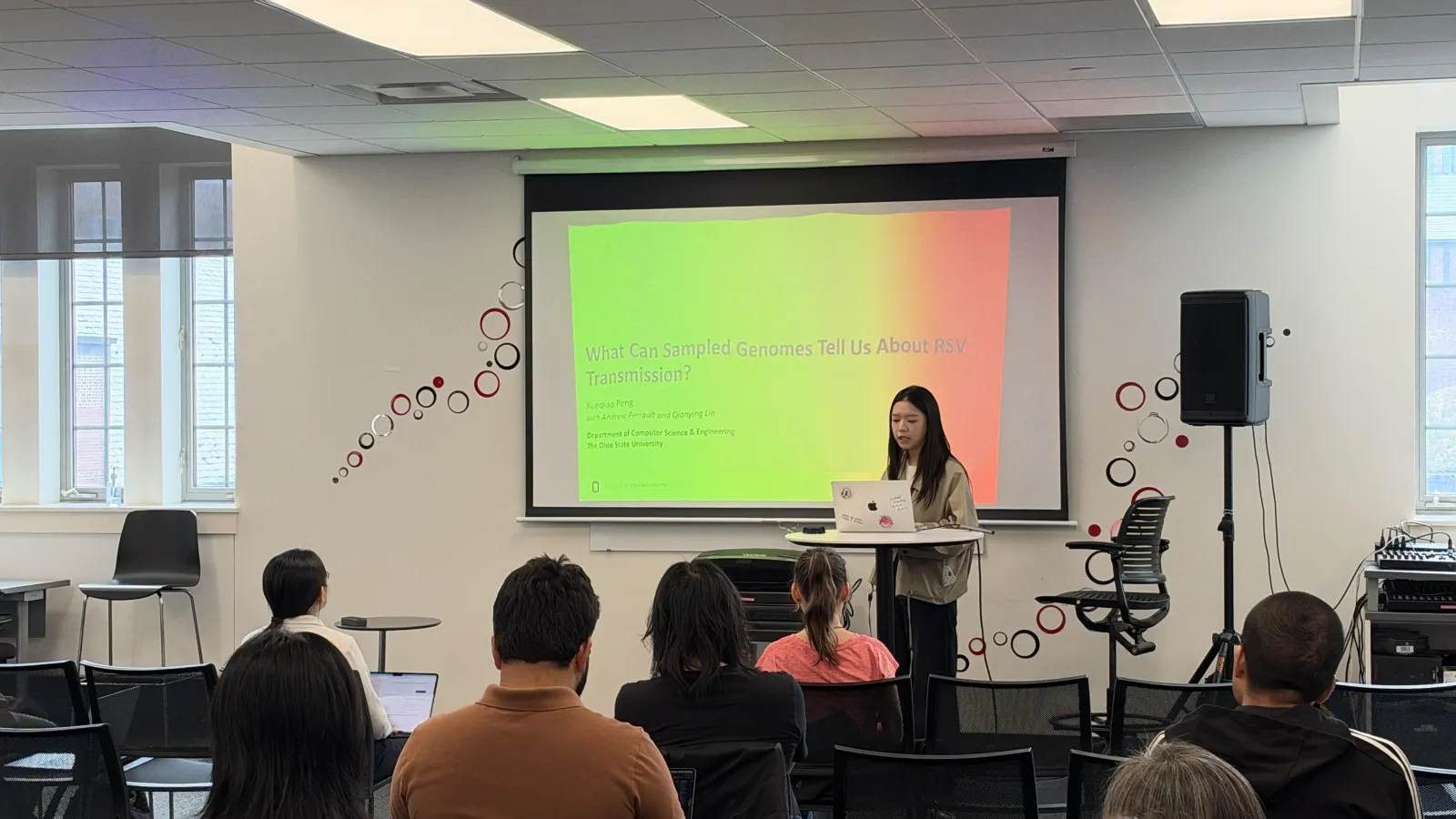 Xueqiao Peng presents research on using sampled genomes to study RSV transmission at TDAI’s Workshop on Transfer Learning.