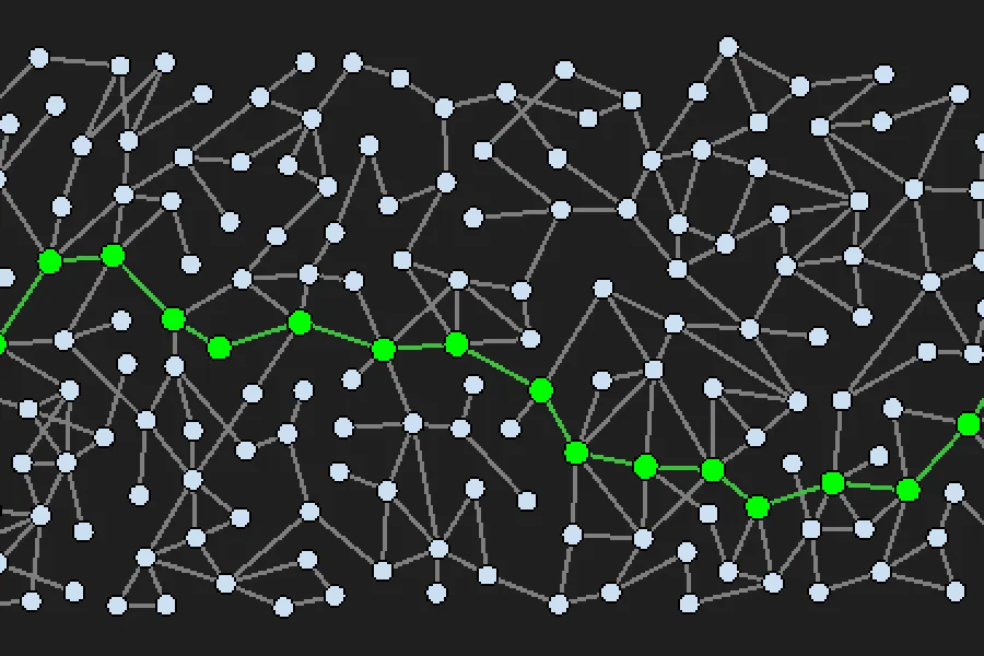 network illustration in black and white with a horizontal string of nodes and connectors highlighted in green