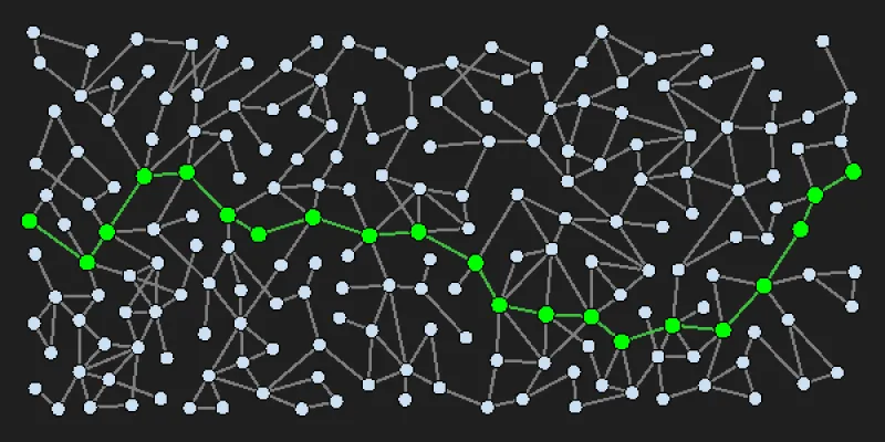 network illustration in black and white with a horizontal string of nodes and connectors highlighted in green