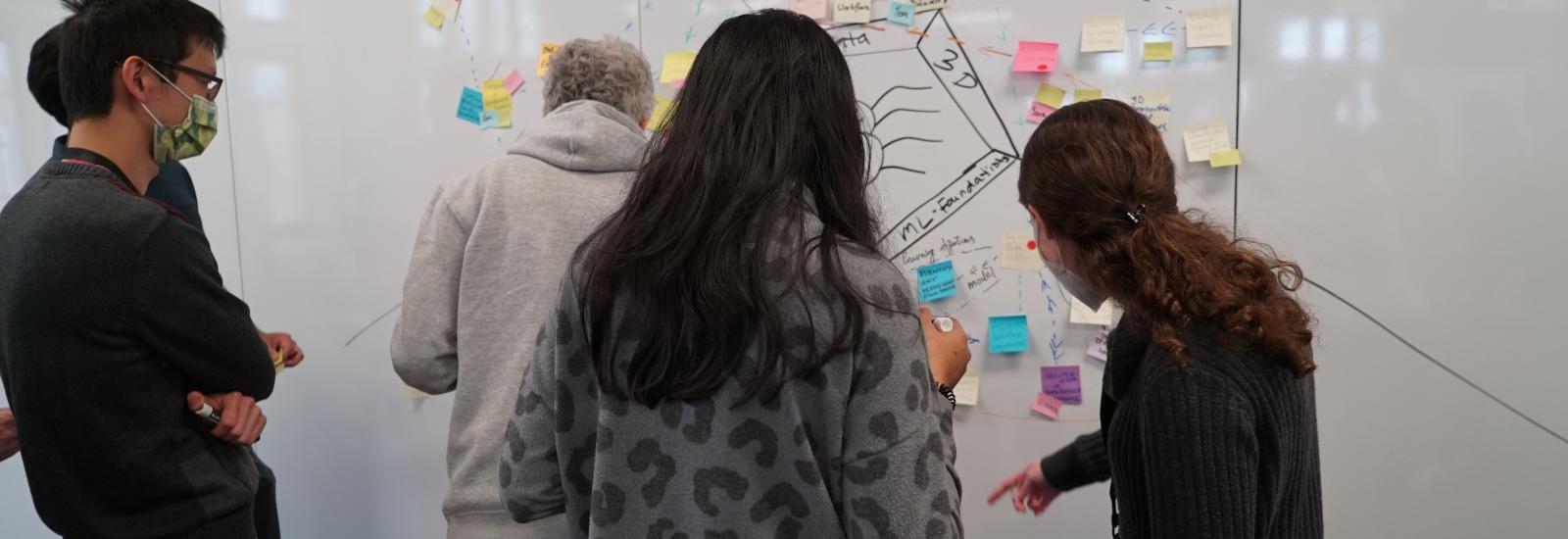 Researchers in a workshop adding stickie notes to a whiteboard wall